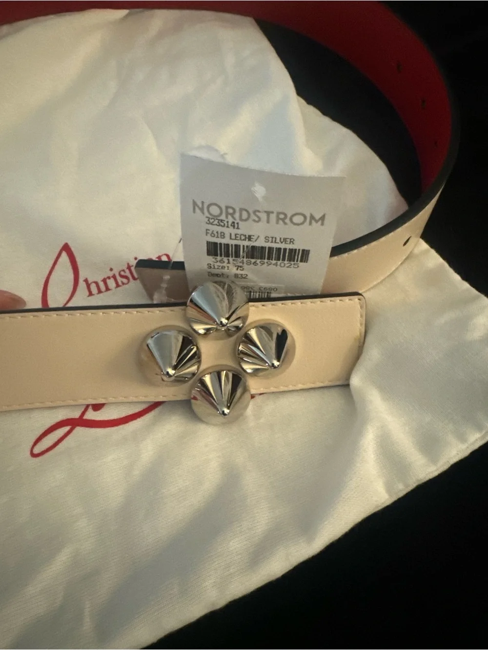 Christian Louboutin Beige Leather Belt with Red Interior and Silver Spike Buckle